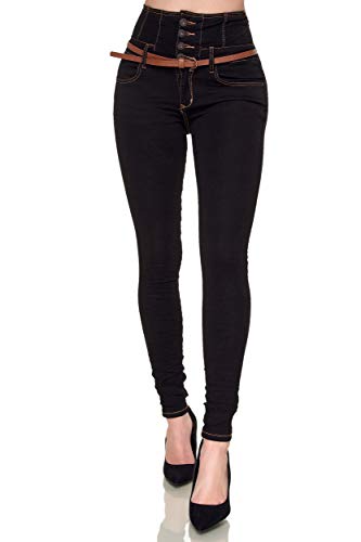 Elara Damen Jeans Skinny High Waist Hose mit Gürtel und Push Up Effekt Chunkyrayan 1578 Schwarz-48 (4XL) von Elara