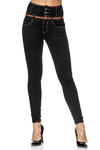 Elara Damen Jeans Skinny High Waist Hose mit Gürtel und Push Up Effekt Chunkyrayan BG822 Black-34 (XS) von Elara