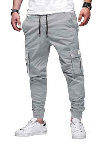 Elegancity Jogginghose Herren Hellgrau Cargohose Einfarbig Hose Männer Causal Sporthose Elastische Freizeithose mit 6 Tasche XXL von Elegancity