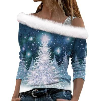 Christmas Frauenkleidung Mode V Ausschnitt Basic Oberteile Lässiges T Shirt Lange Ärmel mit Fleecebündchen Ugly bedrucktes Oberteil（Dunkelblau #1,S） von Elogoog