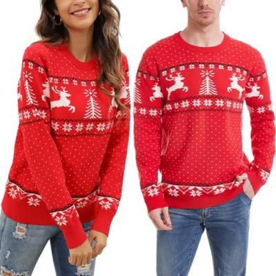 Enjyam Weihnachtspulli Herren Rundhals Weihnachtlich Strickpullover mit Rentier Gerippt Bündchen Kuschelig Norwegerpullover Rot,L von Enjyam