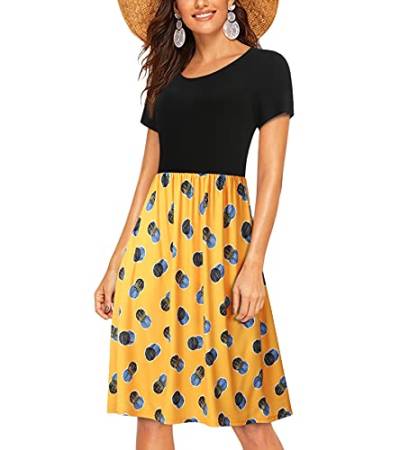 Casual Dress for Lady Sommer Gelb Polka Dot mit Taschen Lose Plus Size Bequeme Swing Tunika T-Shirt Strand Hawaii Schwarz Party Karneval Midikleider XXL von Enmain