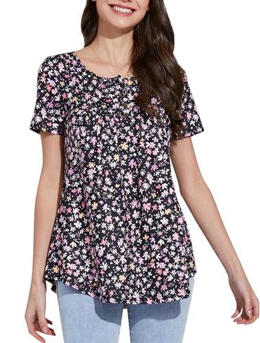 Enmain Damen Tunika Kurzarm Tunika Oberteile für Leggings Damen V-Ausschnitt Tunika Bluse Übergröße T-Shirt Bluse mit Knöpfen Blumenbedrucktes Damen Tunika,S2-Schwarze rosa Blume,XL von Enmain