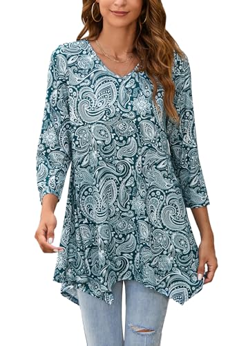 Enmain Damen Tunika Langarm 3/4 Ärmel V Ausschnitt Longbluse Musterdruck Lange Oberteile für Frauen Große Größen Shirt Tuniken Blusen,Aqua,M von Enmain