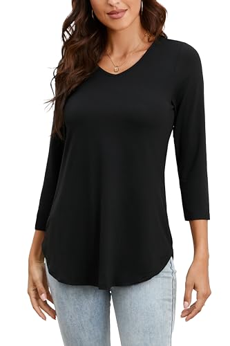 Enmain Damen Tunika Langarm Schwarz V-Ausschnitt Tops Große Größen 3/4 Ärmel Longbluse Tuniken Top Elegant Oberteile für Frauen Schwarz 2XL von Enmain