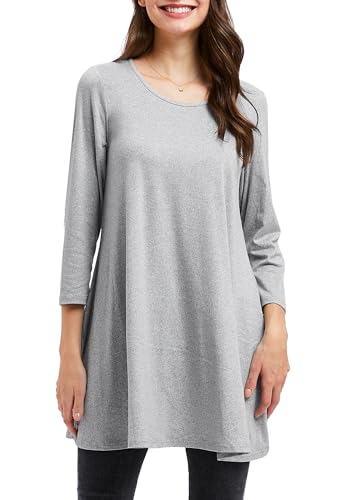 Enmain Hellgrau Damen Tunika Oberteile für Damen Dreiviertel Langarm Blusen Tuniken Longline Bluse Longshirt Casual Rundhals Swing Tunika Tops XL von Enmain