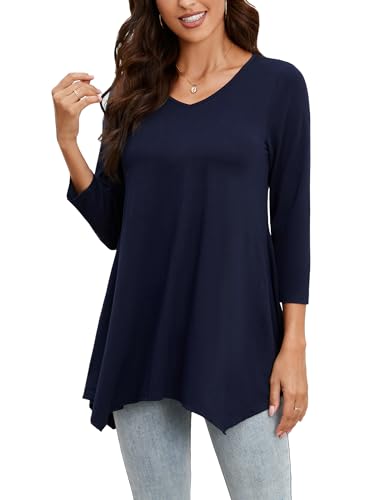 Enmain Tunika Damen Langarm 3/4 Ärmel V Ausschnitt Longbluse Lange Oberteile für Frauen Große Größen Shirt Blusen Tuniken,Marineblau,M von Enmain