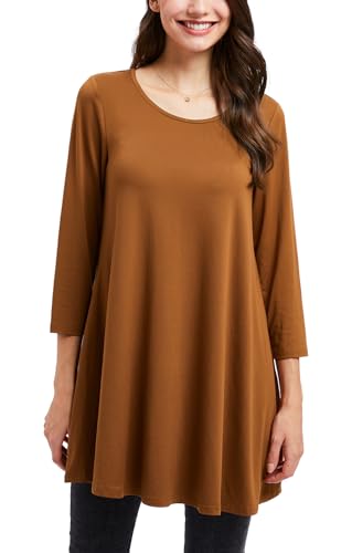 Enmain Tunika Damen Langarm Große Größen Braun 3/4 Arm Bluse Longshirt Einfarbig Longbluse Oberteil Tops Elegant Lässig für Leggings L von Enmain