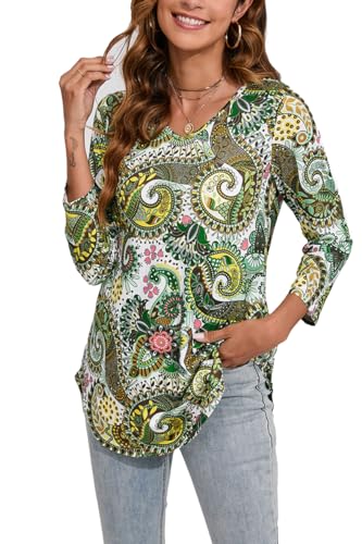 Enmain Tunika Damen Langarm Tops Slim Fit Longbluse Große Größen V Ausschnitt Gemusterte Top 3/4 Ärmel Elegant T Shirt Tuniken Oberteile für Frauen Grün M von Enmain