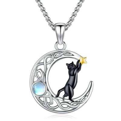 Eusense Katze Halskette Schwarz Katze Mond Anhänger Kette 925 Sterling Silber Mondstein Schmuck Geschenk für Katzenliebhaber Frauen Mädchen von Eusense