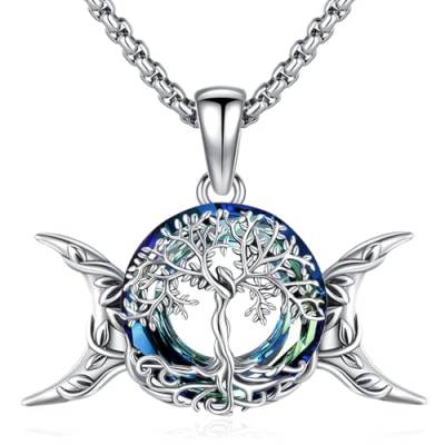 Eusense Triple Moon Goddess Halskette 925 Sterling Silber Baum des Lebens Anhänger Kette Wiccan Amulett Schmuck Geschenke für Frauen Damen Mädchen von Eusense