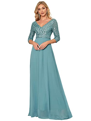 Ever-Pretty Damen V-Ausschnitt Pailletten Lange Ärmel Abendkleider Bodenlang A-Linie Elegant Chiffon Staubiges Blau 36 von Ever-Pretty