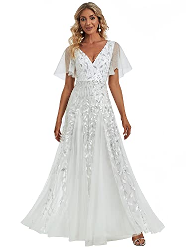 Ever-Pretty Damen A-Linie Abendkleider V-Ausschnitt Romantisches Kurze Ärmel Elegant Partykleid Lang Weiß 58EU von Ever-Pretty