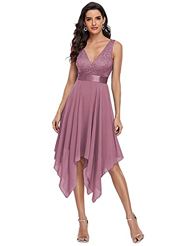 Ever-Pretty Damen Ärmellose V-Ausschnitt Empire A-Linie Spitze Chiffon Knielang Partykleider Abendkleider mit Unregelmäßig Saum Orchidee 36EU von Ever-Pretty