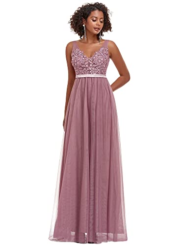 Ever-Pretty Damen Abendkleid A-Linie Hohe Taille Stickerei tüll V Ausschnitt lang Orchidee 48 von Ever-Pretty