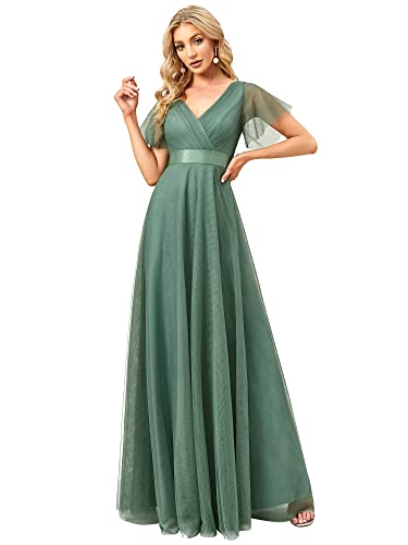 Ever-Pretty Damen Abendkleid A-Linie Tüll Brautjungfer Partykleid Kurze Ärmel lang Grün blau 36 von Ever-Pretty