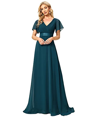 Ever-Pretty Damen Abendkleid Frau A-Linie Chiffon Brautjungfernkleid V Ausschnitt Hochzeit Bodenlang Blaugrün 36 von Ever-Pretty