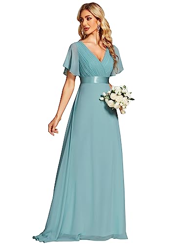 Ever-Pretty Damen Abendkleid Frau A-Linie Chiffon Festliches Kleid V Ausschnitt Hochzeit Bodenlang Staubiges Blau 54 von Ever-Pretty