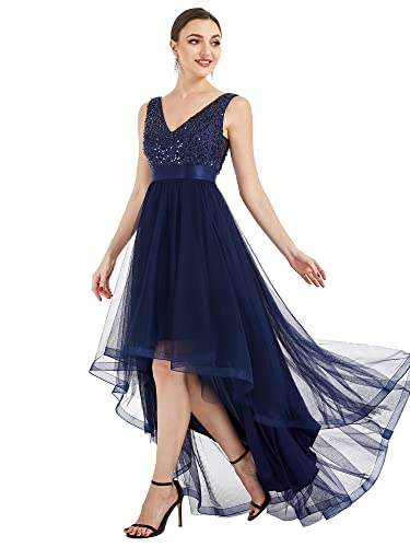 Ever-Pretty Damen Ballkleider Asymmetrisch Pailletten Bodenlang V-Ausschnitt Tüll Rückenfrei Elegant Navy Blau 40EU von Ever-Pretty