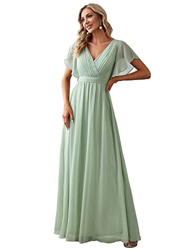 Ever-Pretty Damen Ballkleider Gürtel A-Linie Empire Kurze Ärmel V-Ausschnitt Chiffon Abendkleid Elegant Minzgrün 48EU von Ever-Pretty