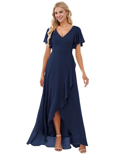 Ever-Pretty Damen Festliches Kleider Asymmetrisch Kurze Ärmel V-Ausschnitt Lang Chiffon Rückenfrei Elegant Navy Blau 38EU von Ever-Pretty