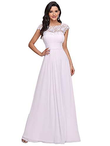 Ever-Pretty Damen Abendkleider Kurze Ärmel Rundkragen Spitze Empire A-Linie Elegant Chiffon Bodenlang Partykleider Weiß 52EU von Ever-Pretty