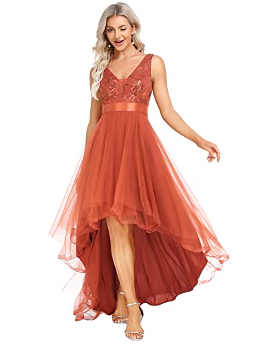 Ever-Pretty Damen V-Ausschnitt A-Linie High Low Empire Tüll Abendkleider Gebrannte Orange 38 von Ever-Pretty