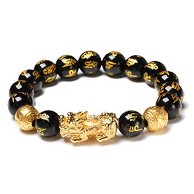 Excras Feng Shui Golden Pi Xiu Glücksbringer Amulett Armband Schwarz Natürlicher Obsidian Reichtum Armband von Excras