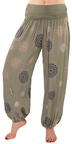 FASHION YOU WANT Damen Sommerhose Pumphose Haremshose mit Blumenmuster Flower Größe 34/36 bis Größe 48/50 verfügbar Leichte Haremshose (38/40, PB (Kharki)) von FASHION YOU WANT