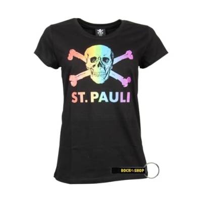 FC St. Pauli T-Shirt Shirt Oberteil Aufdruck Totenkopf Regenbogen Kollektion 2020 Damen Frauen schwarz + 2X FANERGY Traubenzucker (S) von FC St. Pauli