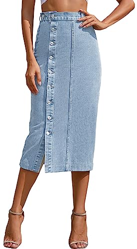 Amen Jeansrock Midi Long Jeans Rock Stretch Sommerrock Bleistiftrock mit Schlitz Pencil Skirt mit Knöpfen Denim Skirt Maxirock - M von FEOYA