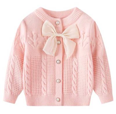 FEOYA Gestreifte Strickjacke mit Schleife Kinder Bolero Baby Mädchen Strick Tank Top Langarm Einfarbige Kleid Pullover Kinderkleidung Winddicht Mantel Polyacrylfaser Rosa 90 von FEOYA