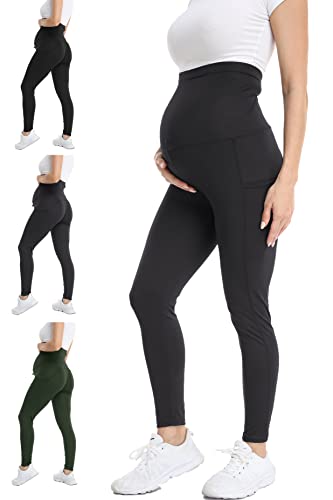 FITTOO Damen Umstandsleggings High Waist Yogahose für Schwangerschaft Lange Umstandshose Schwangerschaftsleggings mit Taschen Dunkelgrau M von FITTOO