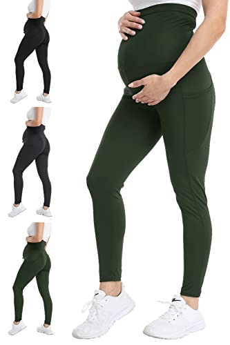 FITTOO Damen Umstandsleggings High Waist Yogahose für Schwangerschaft Lange Umstandshose Schwangerschaftsleggings mit Taschen Grün M von FITTOO
