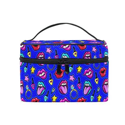 Blaue Make-up-Tasche, modische Aufnäher, Abzeichen, Lippen, Make-up-Organizer, Taschen, Kulturbeutel, Box, Reise-Kosmetiktasche, Make-up-Tasche für Frauen, Teenager, Mädchen, Damen von FJAUOQ