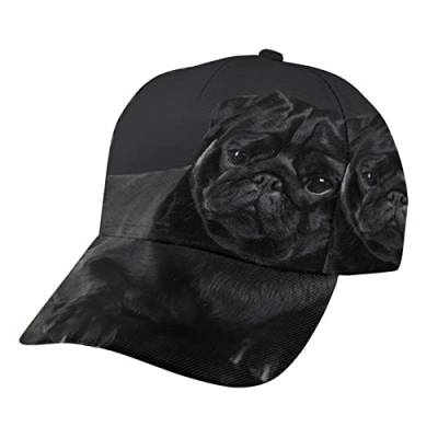 FJAUOQ EIN Mops auf Einer schwarzen Baseballkappe, verstellbar, lustig, EIN Mops auf Einer schwarzen Kappe, klassischer Modedruck, Twill, Trucker-Mütze für Damen, Herren, Mädchen, Jungen von FJAUOQ