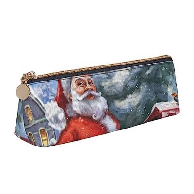 FJAUOQ Merry Christmas Santa Printed Women's Leather Pencil Pouch,Large Capacity Pencil Case Pen Bag with Zipper for Office, weiß, Einheitsgröße, federmäppchen von FJAUOQ