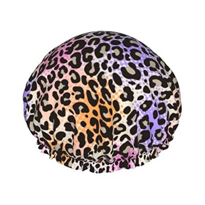 Leopard Print Wiederverwendbare Duschhaube Frauen Wasserdicht PEVA Futter Badekappe Doppelschicht Elastische Stretch Saum Badekappe Wasserdicht Dehnbar Haar Kappe Für Frauen Männer von FJAUOQ