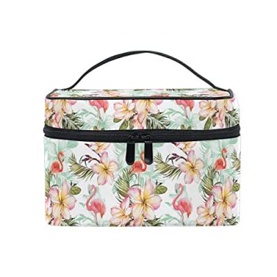 Make-up-Taschen, Flamingo und rosa Plumeria-Blumen, Reise-Make-up-Organizer, Make-up-Etui, Kosmetiktasche für Mädchen, Frauen, Damen von FJAUOQ