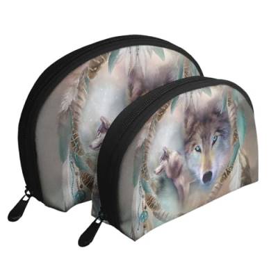 Reise-Make-up-Taschenset mit niedlichem Pomeranian bedruckt, Kulturbeutel mit Reißverschluss, Muschelförmige Kosmetiktasche, Organizer für Damen und Mädchen, 3D-Wolf-Traumfänger, Einheitsgröße, von FLYIFE