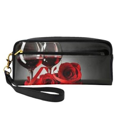 Terrazzo Make-up-Tasche mit Marmor-Druck, tragbar, PU-Leder, Reise-Kosmetiktasche, Federmäppchen für Mädchen und Frauen, Weinglas und Kerze mit Rotrose, Einheitsgröße von FLYIFE