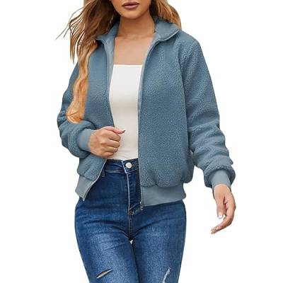 FNKDOR 2023 Herbst und Winter Damen Große Größen Zip up Kurz Flauschiger Stehkragen Fleecejacke Sweatjacke Winterjacke (Blue, M) von FNKDOR