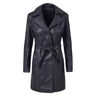 FRAUIT Damen Lange Leder Jacke Mantel Zweireiher Revers Ledermantel Trenchcoat Windjacke Parka Herbst Winter Frauen Outwear Mit Gürtel von FRAUIT