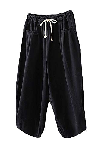 FTCayanz Damen Weite Baggy Haremshose Freizeithose Sommer Baumwolle Lockere Palazzo Hosen mit Taschen Schwarz L von FTCayanz