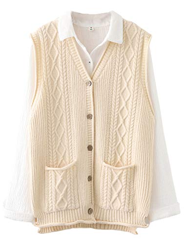 FTCayanz Damen Weste Ärmellose Strickjacke Cardigan V-Ausschnitt Knopf Strickweste mit Tasche Beige M von FTCayanz