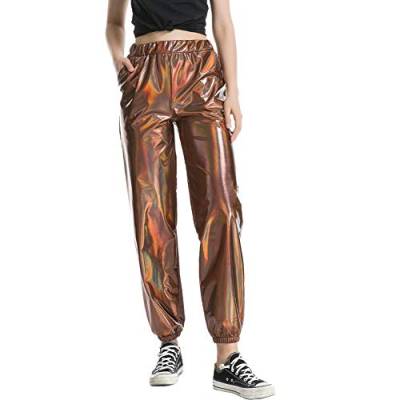 Damen Metallic Glänzed Hose Elastischer Bund Sporthose Locker Freizeit Casual Lang Hose Sweathose Jogginghose Leggins Einfarbig Wet Look Stretch Leggings Tanzhosen Party Disco Clubwear Kaffee L von FYMNSI