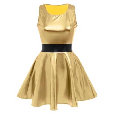 Damen Metallic ?rmellos Minikleid Holografisch Partykleid Gl?nzend Skater Festkleid Festival Rave Outfits Alien Kost?m Halloween Fasching Karneval Cosplay Roundhals Tanzkleid Clubwear Gold XL von FYMNSI