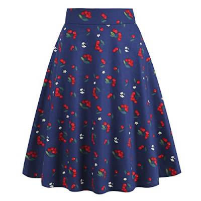 Damen Rockabilly Rock Vintage 1950er Jahre Retro Blumen Druck Faltenrock Elastische Hohe Taille Swing Glockenrock Tellerrock Plissee A-Linie Knielang Festliche R?ck Trachtenrock Dunkelblau Kirsche XXL von FYMNSI