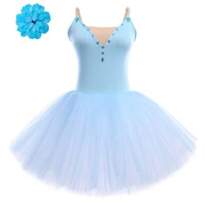 FYMNSI Damen Ballettkleid Schwan Ballett Kostüm Tüllkleid Tütü Tanzkleid Ärmellos Trägerkleid mit Blumen Haarklammer Erwachsene Ballettkleidung Professionelles Balletttrikot Ballettanzug Hellblau M von FYMNSI