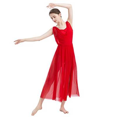 FYMNSI Damen Lyrisch Tanz Kleid Ärmellos Rückenfrei Schlitz Tüll Maxikleid Lyrische Modern Contemporary Tanzkostüm Trikot Latein Ballett Tüllkleider Ballettanzug Rot XS von FYMNSI